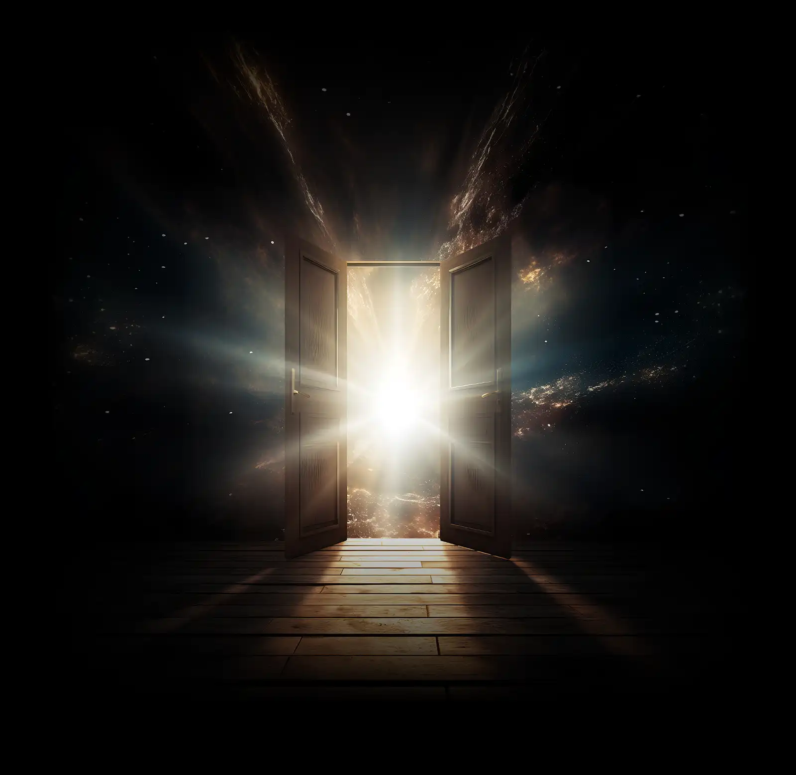Open wooden double doors revealing a bright, radiant light with cosmic clouds and stars in the background.